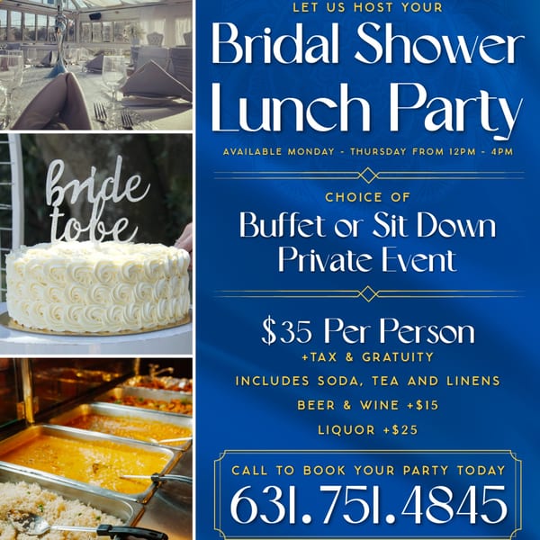 Collage of a set table, a "bride to be" cake, and buffet food, advertising a bridal shower lunch.