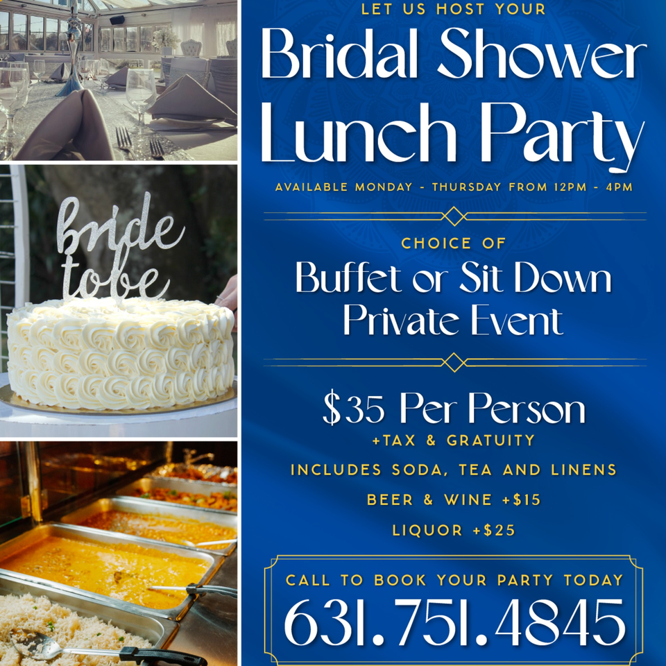 Collage of a set table, a "bride to be" cake, and buffet food, advertising a bridal shower lunch.