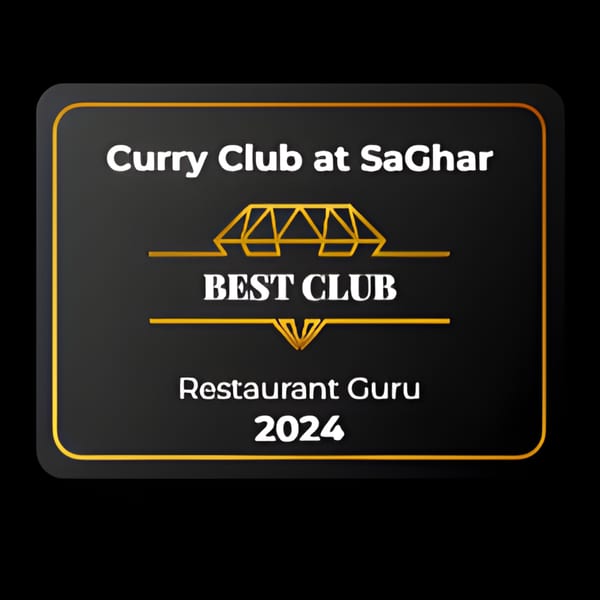 Curry Club at SaGhar Best Club Restaurant Guru 2024 award plaque.