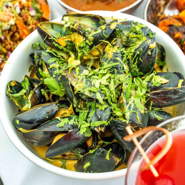 A white bowl filled with mussels in a yellow curry sauce, garnished with fresh cilantro.