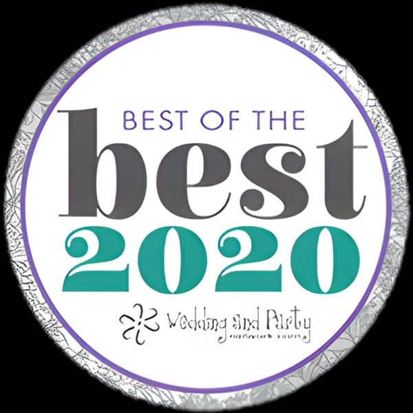 Circular award badge for "Best of the Best 2020 Wedding and Party" with purple and teal text.