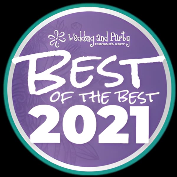 Purple circular badge with white text: "Wedding and Party Best of the Best 2021".