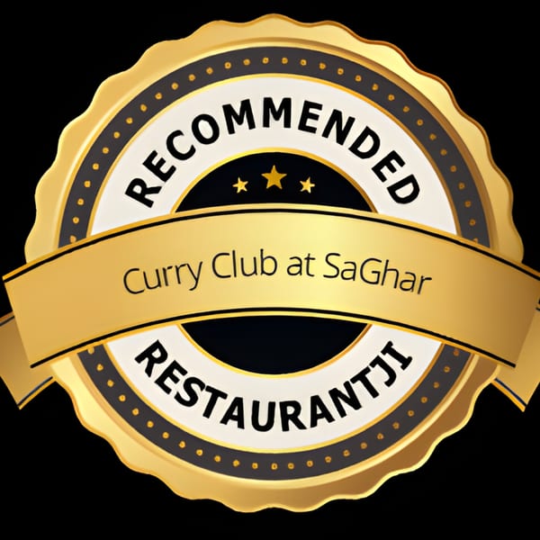 A gold and black seal with "Recommended Restaurantji" and "Curry Club at SaGhar" written on it.