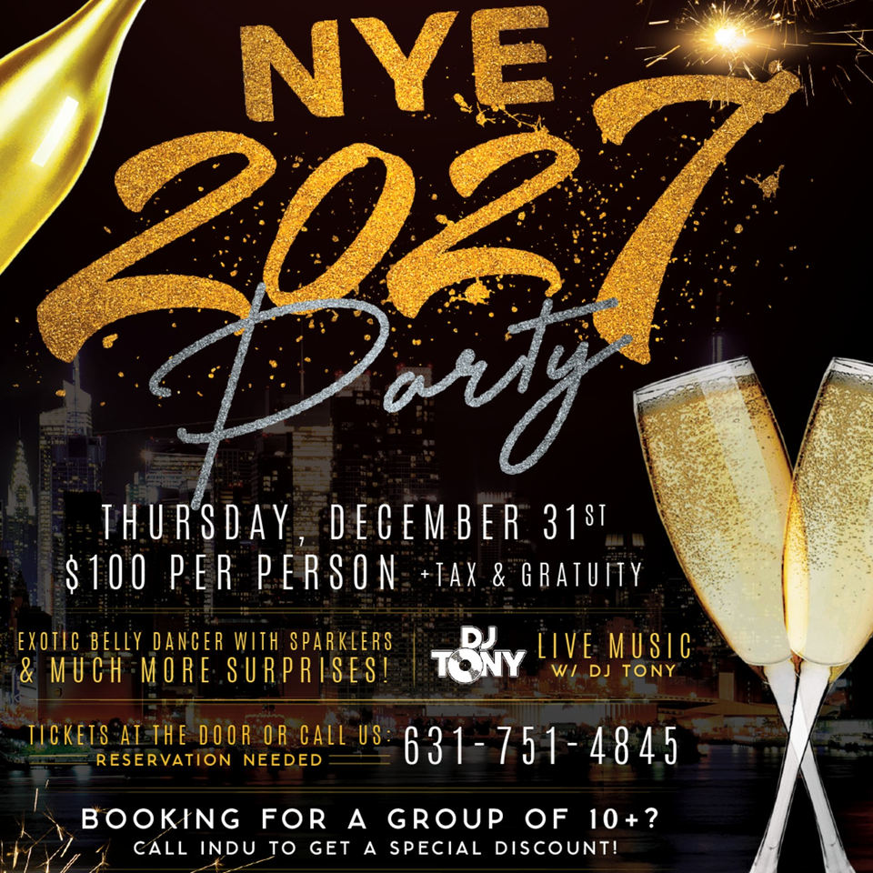 New Year's 2027 party flyer featuring champagne flutes, sparklers, Manhattan skyline, live music, and event details.