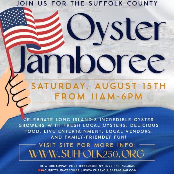 Promotional poster for the Suffolk County Oyster Jamboree with text and an American flag.
