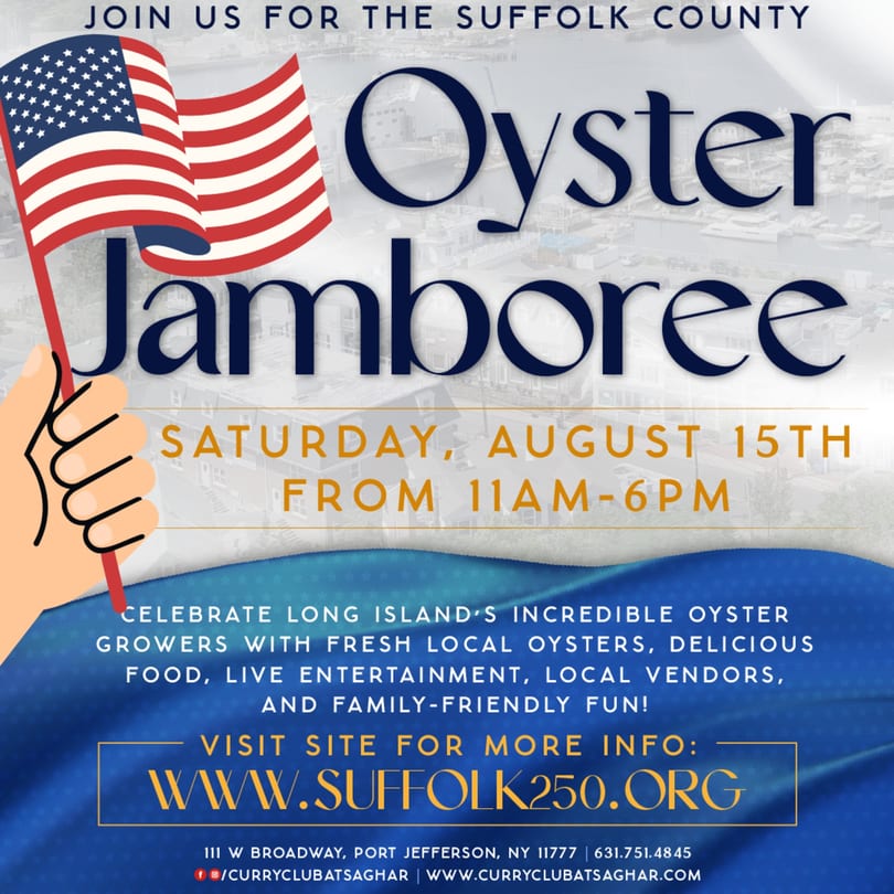 Promotional poster for the Suffolk County Oyster Jamboree with text and an American flag.
