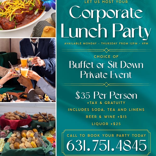 Corporate lunch party advertisement with images of food, people toasting drinks, and a buffet.