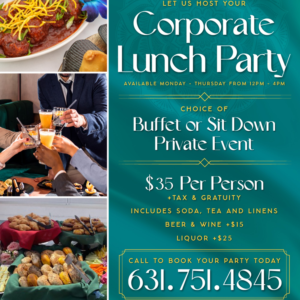 Corporate lunch party advertisement with images of food, people toasting drinks, and a buffet.