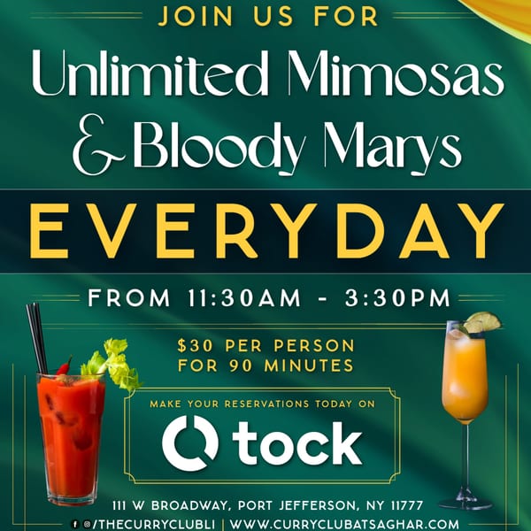 Promotional image for unlimited mimosas and bloody marys, featuring both drinks and reservation details.