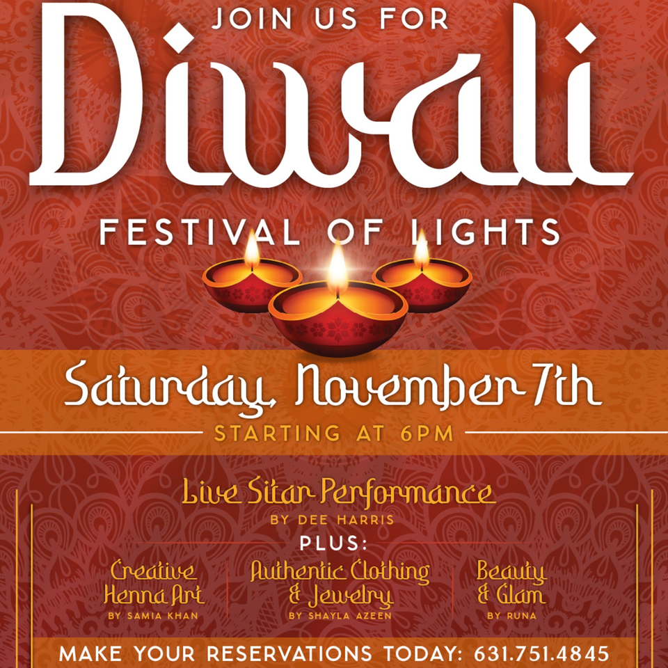 Diwali Festival of Lights event poster featuring three lit diyas, red patterned background, and details for Saturday, November 7th.