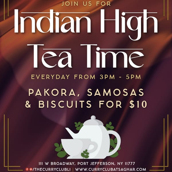 Promotional poster for Indian High Tea Time, featuring a teapot and cup illustration on a brown background.