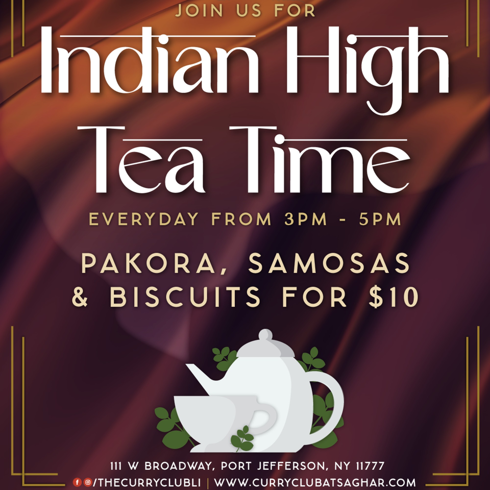 Promotional poster for Indian High Tea Time, featuring a teapot and cup illustration on a brown background.