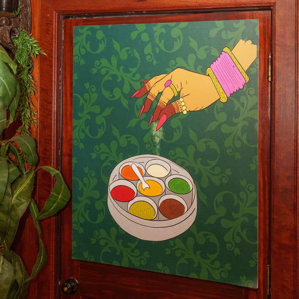 Indian-style illustration of a hand sprinkling spices from a box onto a spice container.